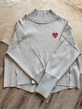 Anthro Mauve Grey Mock Neck Sweater with Red Heart Embroidery NWOT